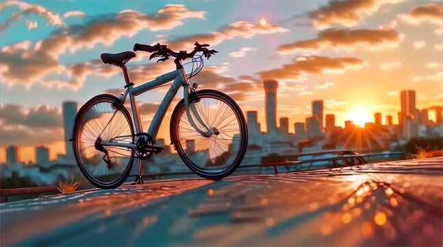 A serene scene of a single bicycle poised on a hill with the city stretching out beneath the warm glow of a sunrise.
