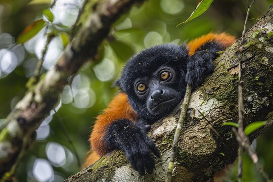 A black and orange monkey perched on a tree branch, observing its surroundings