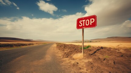 stop sign on a desert road under a blue sky