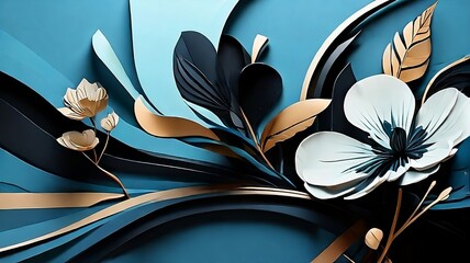 Abstract background, Ikebana art style, blue and black colors.