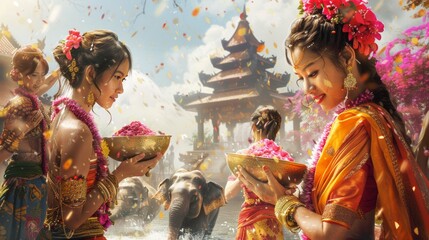 Obraz premium Festive Songkran scene women in vibrant traditional outfits