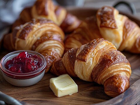 A tray of croissants with a jar of jam and a slice of butter. The croissants are golden brown and look delicious