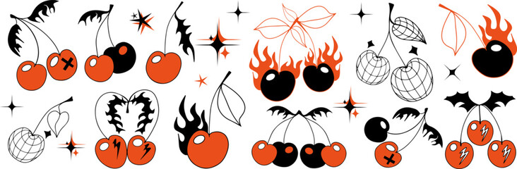 Cherry set y2k 90s style. Cherry with burn fire flame, Disco mirror ball icon for card, sticker, print design. Tattoo 2000s style. Black and red vector illustration. - obrazy, fototapety, plakaty