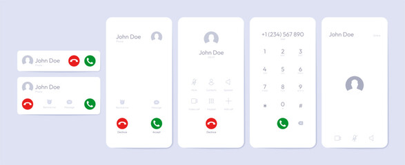 Phone call screen template. Mobile smartphone with touchscreen dialing and answering interface, smartphone app UI mockup. Vector set