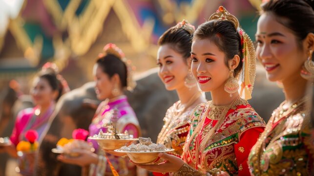 Festive Thai New Year scene women in colorful traditional wear