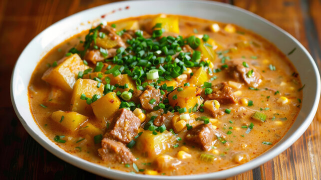 Traditional argentine locro stew with meat and vegetables, garnished with green onions