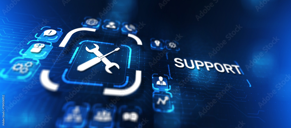 Poster Support button on virtual screen. Customer service and communication concept.