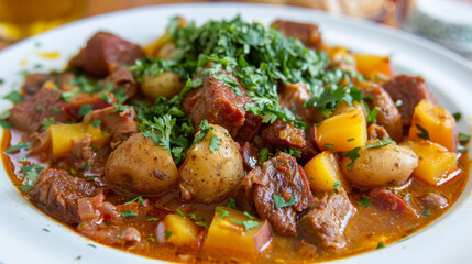 Argentinian beef and potato stew with savory vegetables, topped with fresh parsley