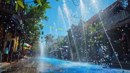 High-energy Songkran street dance blue water spray synchronized with Thai traditional music - obrazy, fototapety, plakaty