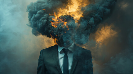 Stressed Office Worker with Smoke Coming Out of Head, Burnout Concept