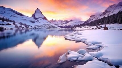 Captivating scene of the snow rocky massif. Gorgeous dawn. Location place Bachalpsee in Swiss alps, Grindelwald, Bernese Oberland, Europe. Wonderful image of wallpaper. Explore the world's beauty. - obrazy, fototapety, plakaty