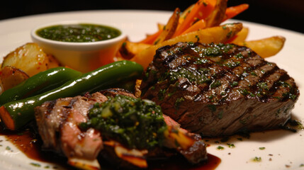 Delicious argentine steak with chimichurri sauce, roasted potatoes, and veggies