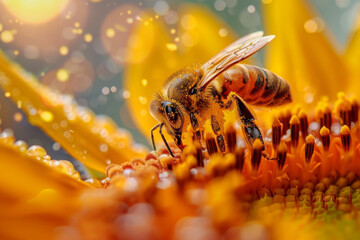 A bee is on a flower, drinking nectar. The flower is orange and the bee is brown and black - Powered by Adobe