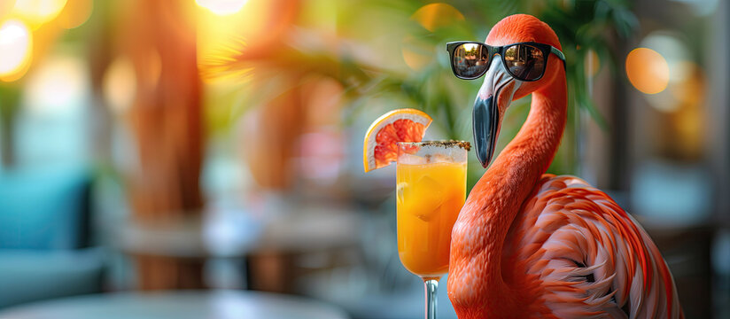 flamingo in sunglasses with cocktail