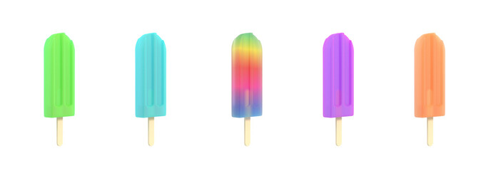 Popsicle icecream on stick set. Isolated on white background. Delicious bright colored fruity summer dessert. Graphic design element for menu, scrapbooking, poster, flyer. 3D illustration - 784507913