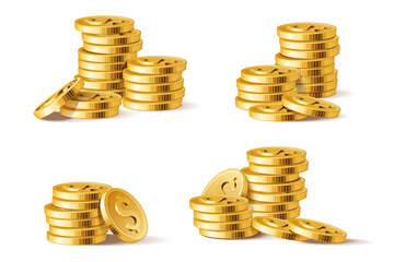 Golden coins stack. 3D Realistic shiny gold coin pile. Money stacks financial elements for gambling game or banking poster isolated on white vector set. Jackpot winnings with dollar symbols
