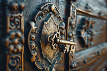 A key is shown in a close up of a gold and silver lock. The key is in the middle of the lock and is slightly bent. The lock is ornate and has a lot of detail, including a grapevine design - Powered by Adobe