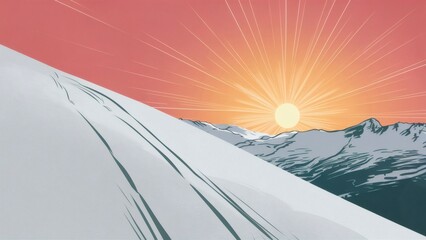Sunrise painting the sky behind ski tracks in snow on a remote mountain slope minimalistic illustration.
