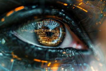 A close up of a person's eye with a city reflected in it. The eye is surrounded by a blurry, pixelated background, giving the impression of a futuristic, digital world