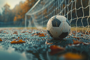 A soccer ball is sitting on a wet field next to a net. The ball is wet and has some dirt on it. Scene is calm and peaceful, as the ball is not in motion and is resting on the ground