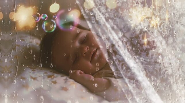 Child baby sleeping in bed with mosquito net video HD.