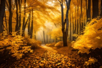 A golden forest in the embrace of autumn, where leaves dance in the crisp breeze.