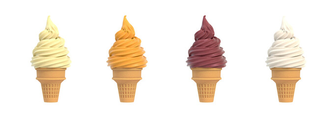 Soft ice icecream in waffle cones set, assortment of tastes, isolated on white background. 3D illustration