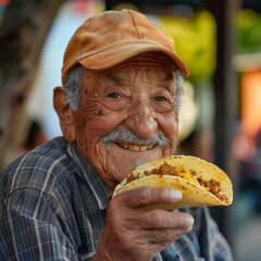 Portrait of old man smiling at the camera while eating a Mexican taco outdoors