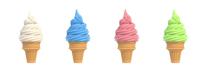 Soft ice icecream in waffle cones set, assortment of tastes, isolated on white background. 3D illustration - 784508716