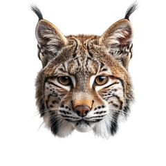 Extreme front view of realistic bobcat head which is mounted on a wall isolated on a white transparent background