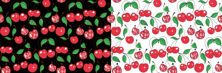 Red cherries vector seamless pattern black and white background