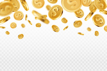 Golden coin rain. Realistic flying gold coins, million dollars lottery games prize. Treasure and earnings, saving and winning jackpot casino 3D vector background. Luck or fortune concept