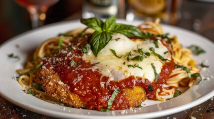 Traditional argentine milanesa topped with tomato sauce and cheese, served over spaghetti - obrazy, fototapety, plakaty