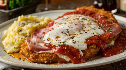 Delicious plate of argentine milanesa topped with ham, cheese, and tomato sauce, served alongside creamy mashed potatoes