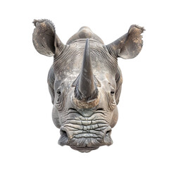 Extreme front view of realistic rhinoceros head which is mounted on a wall isolated on a white transparent background