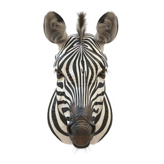 Extreme front view of realistic zebra head which is mounted on a wall isolated on a white transparent background
