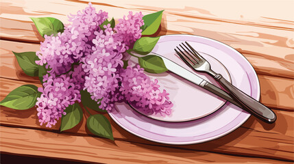 Spring time table setting with lilac flowers and vi