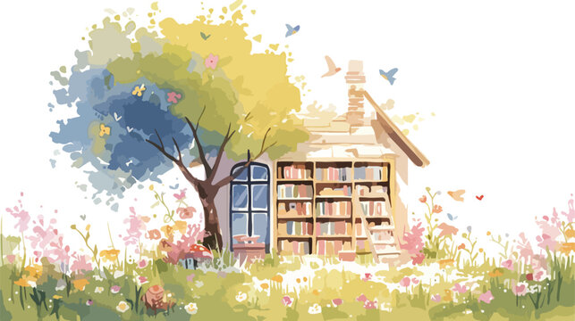 Spring Book Store Watercolor Clipart 2d flat cartoon