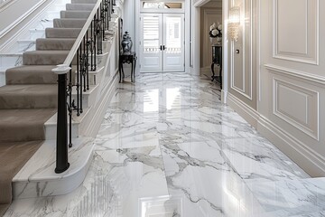 marble tiles with polished finishes and intricate veining, perfect for adding a touch of luxury and sophistication to floors, walls, and backsplashes in residential and commercial settings - 784509583