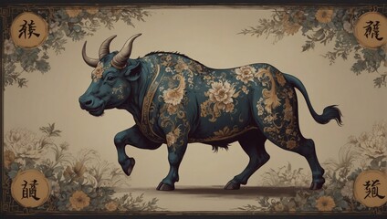 Tatton design of Chinese zodiac ox as the mythical animal in Eastern Asia culture. - obrazy, fototapety, plakaty