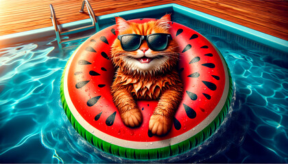 A cool funny red cat in sunglasses floats in an inflatable ring in the pool. Water treatments during summer holidays - obrazy, fototapety, plakaty