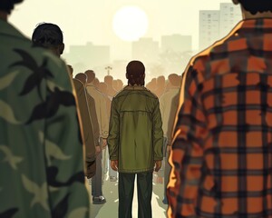 Walking through a crowd, the mutated person carries a story of adaptation and the ongoing challenge of acceptance, their journey seen in reflective closeup