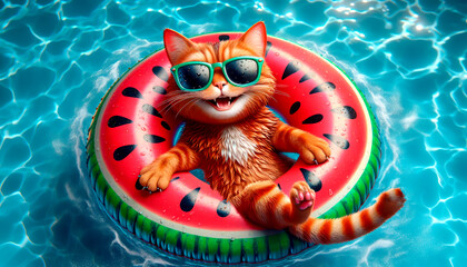 A cool funny red cat in sunglasses floats in an inflatable ring in the pool. Water treatments during summer holidays - obrazy, fototapety, plakaty
