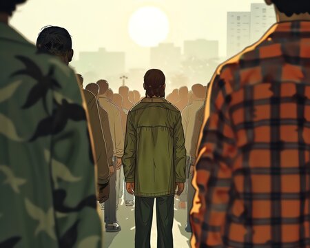 Walking through a crowd, the mutated person carries a story of adaptation and the ongoing challenge of acceptance, their journey seen in reflective closeup