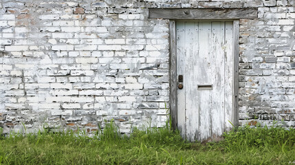 White and gray brick wall with an old door and green grass. This image can be used as a background for your project.