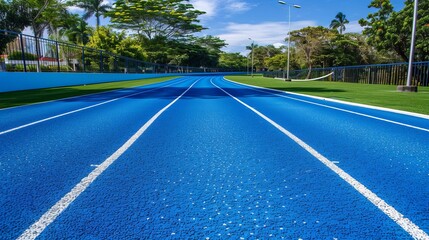 A blue running track is detailed with a separate white line in the straight area, emphasizing the specifics of track design for athletic competitions - obrazy, fototapety, plakaty