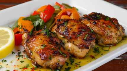 Juicy grilled chicken thighs with fresh lemon, served with colorful veggies on a white plate - obrazy, fototapety, plakaty