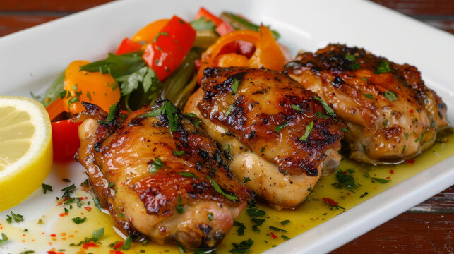 Juicy grilled chicken thighs with fresh lemon, served with colorful veggies on a white plate