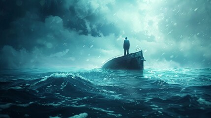 A businessman stranded in the ocean on a sinking ship, a metaphor for business failure and financial crisis. - obrazy, fototapety, plakaty