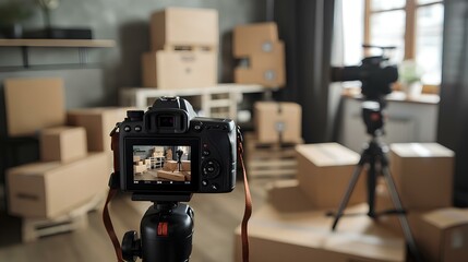 Illustrate an e-commerce scenario where a seller promotes products by holding cardboard boxes in front of a camera. generative AI